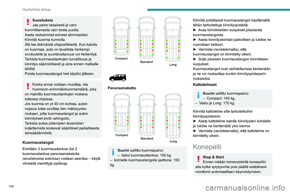 PEUGEOT EXPERT 2022  Omistajan Käsikirja (in Finnish) 196
Hyödyllisiä tietoja
Suosituksia
Jaa paino tasaisesti ja varo 
kuormittamasta vain toista puolta.
Aseta raskaimmat esineet alimmaisiksi.
Kiinnitä kuorma kunnolla.
Älä tee äkkinäisiä ohjausl