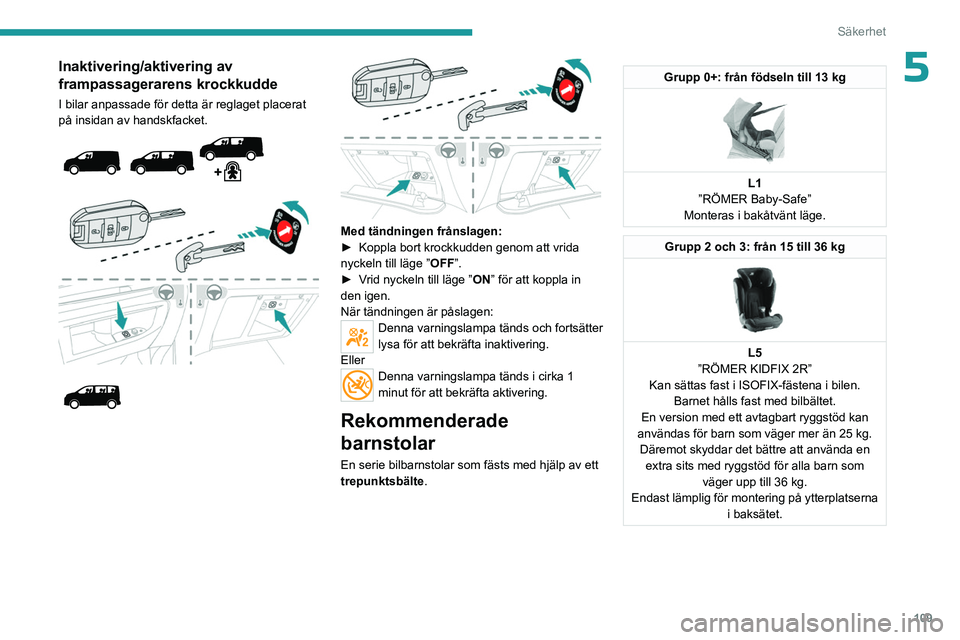 PEUGEOT EXPERT 2022  Bruksanvisningar (in Swedish) 109
Säkerhet
5Inaktivering/aktivering av 
frampassagerarens krockkudde
I bilar anpassade för detta är reglaget placerat 
på insidan av handskfacket.
 
 
 
 
 
 
 
 
Med tändningen frånslagen:

