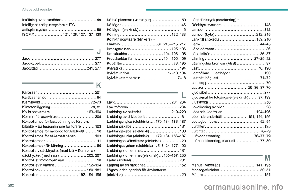 PEUGEOT EXPERT 2022  Bruksanvisningar (in Swedish) 292
Alfabetiskt register
Intällning av nackstöden     49
Intelligent antispinnsystem ~ ITC 
antispinnsystem
    
99
ISOFIX
    
124, 126, 127, 127–128
J
Jack     277
Jack-kabel     
277
Jackuttag
