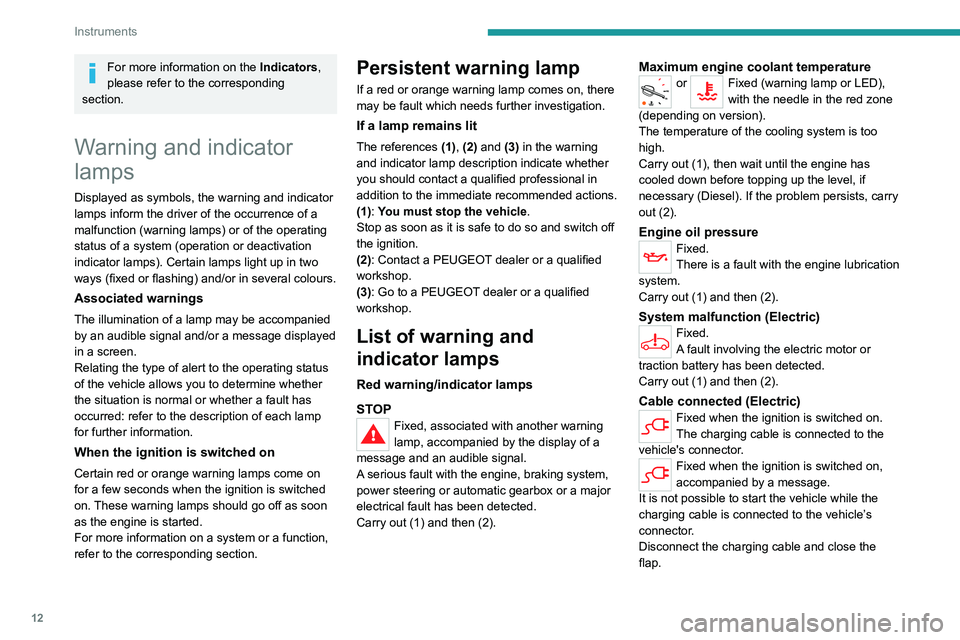 PEUGEOT EXPERT 2021  Owners Manual 12
Instruments
For more information on the Indicators, 
please refer to the corresponding 
section.
Warning and indicator 
lamps
Displayed as symbols, the warning and indicator 
lamps inform the drive