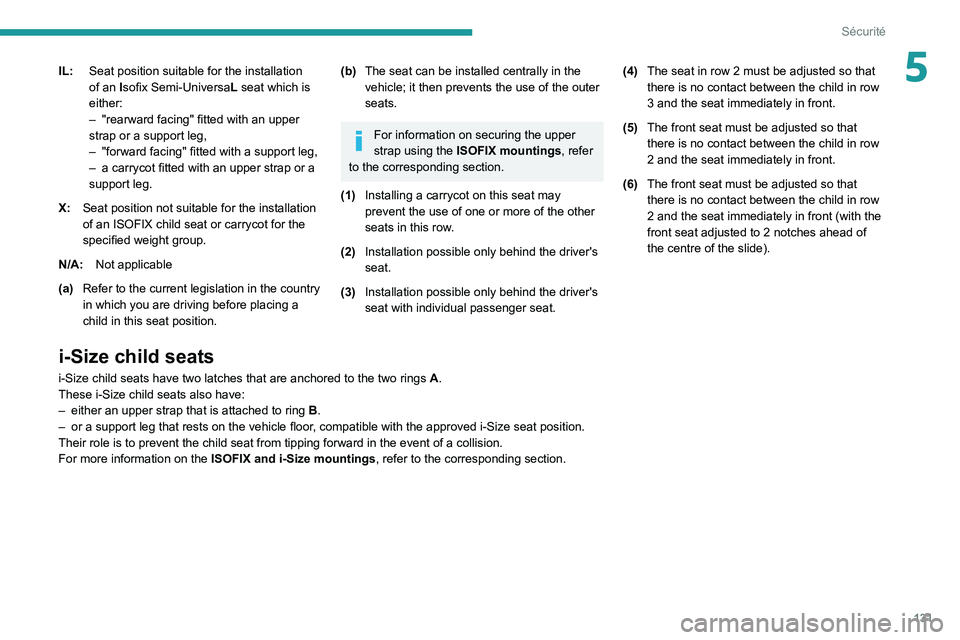 PEUGEOT EXPERT 2021 Owners Manual 131
Sécurité
5IL:Seat position suitable for the installation
of an
Isofix Semi-Universa L seat which is
either:
–
"rearward facing" fitted with an upper
strap or a support leg,
–
PEUGEOT EXPERT 2021 Owners Manual 131
Sécurité
5IL:Seat position suitable for the installation
of an
Isofix Semi-Universa L seat which is
either:
–
"rearward facing" fitted with an upper
strap or a support leg,
–