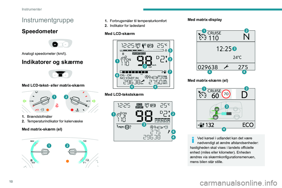 PEUGEOT EXPERT 2021  Brugsanvisning (in Danish) 10
Instrumenter
Instrumentgruppe
Speedometer 
 
Analogt speedometer (km/t).
Indikatorer og skærme 
 
Med LCD-tekst- eller matrix-skærm 
 
1.Brændstofmåler
2. Temperaturindikator for kølervæske
M