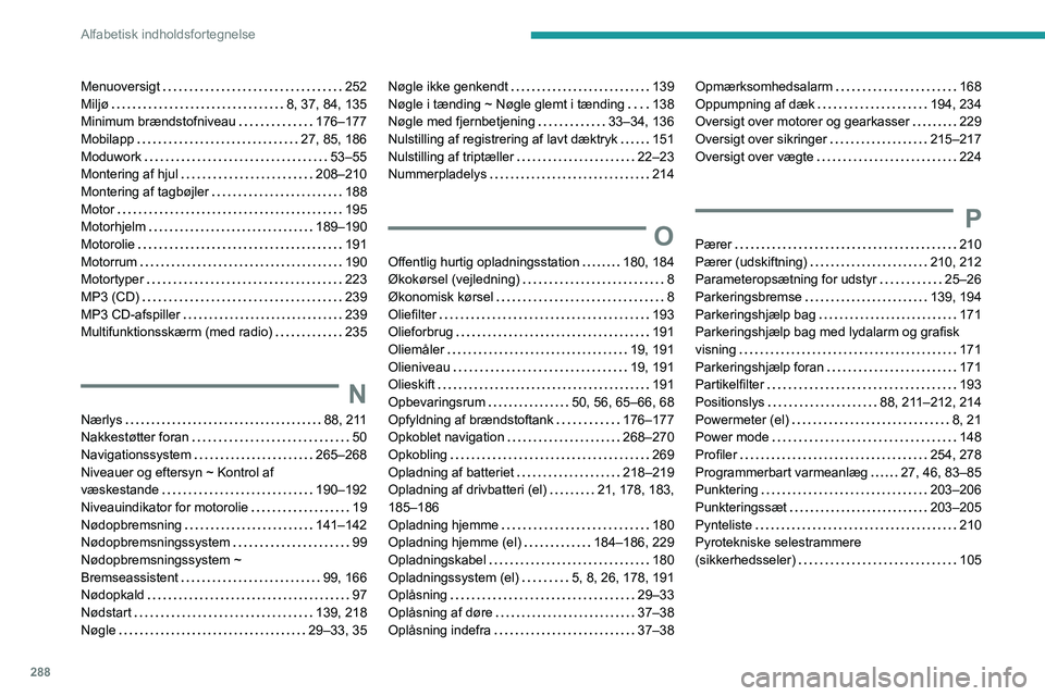 PEUGEOT EXPERT 2021  Brugsanvisning (in Danish) 288
Alfabetisk indholdsfortegnelse
Menuoversigt     252
Miljø     
8, 37, 84, 135
Minimum brændstofniveau
    
176–177
Mobilapp
    
27, 85, 186
Moduwork
    
53–55
Montering af hjul
    
208–