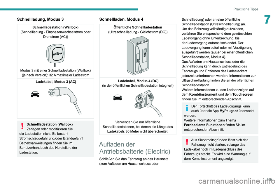 PEUGEOT EXPERT 2021  Betriebsanleitungen (in German) 199
Praktische Tipps
7Schnellladung, Modus 3
Schnellladestation (Wallbox)
(Schnellladung - Einphasenwechselstrom oder  Drehstrom (AC))
 
 
Modus 3 mit einer Schnellladestation (Wallbox) (je nach Versi