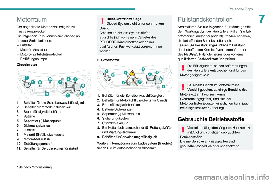 PEUGEOT EXPERT 2021  Betriebsanleitungen (in German) 207
Praktische Tipps
7Motorraum
Der abgebildete Motor dient lediglich zu 
Illustrationszwecken.
Die folgenden 
Teile können sich ebenso an 
anderer Stelle befinden:
–
 
Luftfilter
–

  Motoröl-M