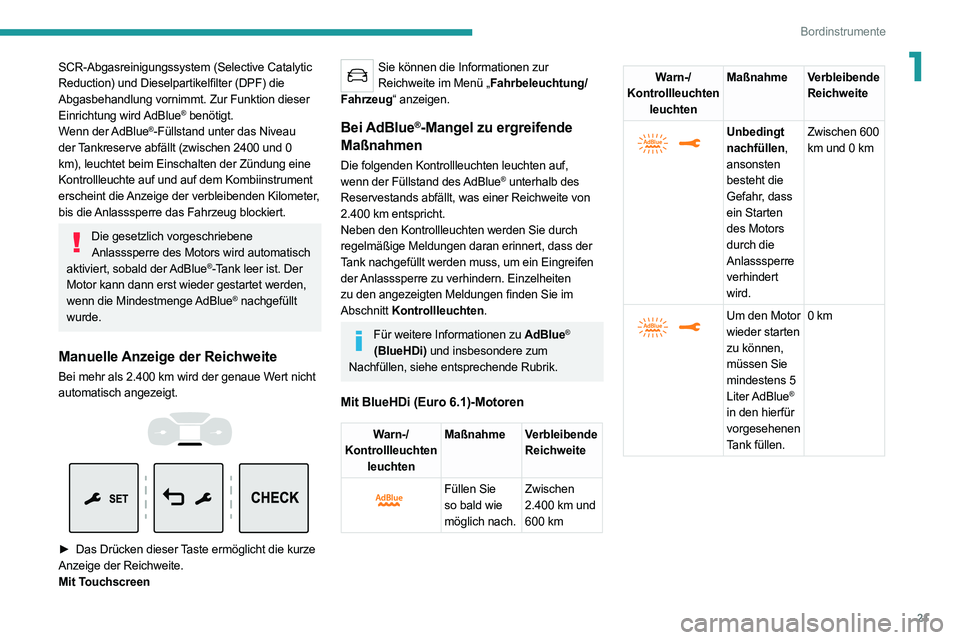 PEUGEOT EXPERT 2021  Betriebsanleitungen (in German) 21
Bordinstrumente
1SCR-Abgasreinigungssystem (Selective Catalytic 
Reduction) und Dieselpartikelfilter (DPF) die 
Abgasbehandlung vornimmt. Zur Funktion dieser 
Einrichtung  wird AdBlue
® benötigt.