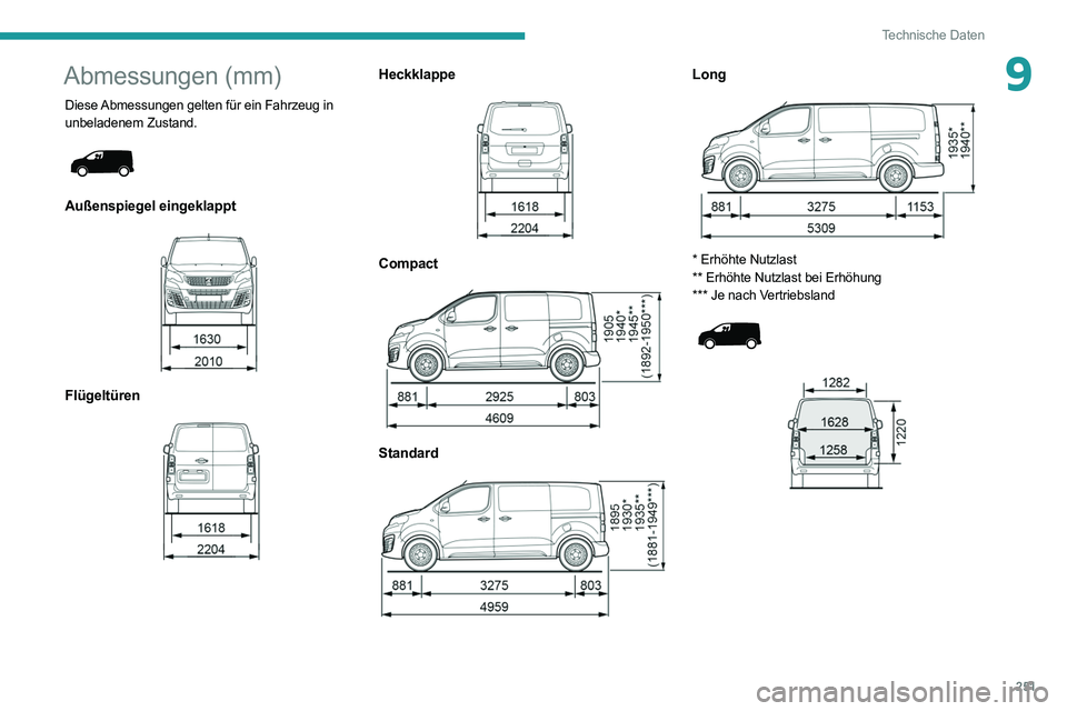 PEUGEOT EXPERT 2021  Betriebsanleitungen (in German) 251
Technische Daten
9Abmessungen (mm)
Diese Abmessungen gelten für ein Fahrzeug in 
unbeladenem Zustand.
 
 
Außenspiegel eingeklappt 
 
Flügeltüren 
 
Heckklappe 
 
Compact 
 
Standard 
 
Long 
