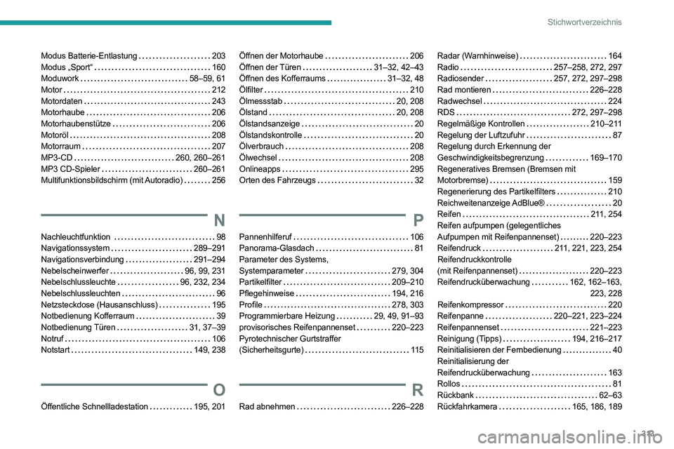 PEUGEOT EXPERT 2021 Betriebsanleitungen (in German) 313
Stichwortverzeichnis
Modus Batterie-Entlastung 203
Modus „Sport“
160
Moduwork
58–59, 61
Motor
212
Motordaten
243
Motorhaube
206
Motorhaubenstütze
206
Motor PEUGEOT EXPERT 2021 Betriebsanleitungen (in German) 313
Stichwortverzeichnis
Modus Batterie-Entlastung 203
Modus „Sport“
160
Moduwork
58–59, 61
Motor
212
Motordaten
243
Motorhaube
206
Motorhaubenstütze
206
Motor