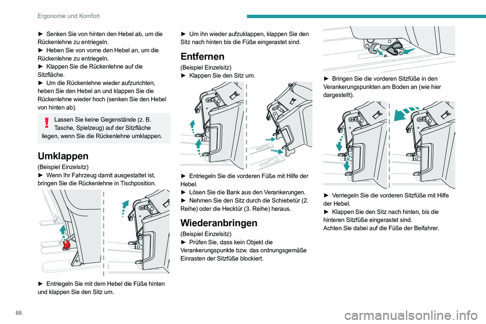 PEUGEOT EXPERT 2021 Betriebsanleitungen (in German) 66
Ergonomie und Komfort
► Wenn Ihr Fahrzeug damit ausgestattet
ist, ziehen Sie am Hebel und richten Sie die
Rückenlehne wieder auf (senken Sie den Hebel
von hinten ab).
Überprüfen Sie die k PEUGEOT EXPERT 2021 Betriebsanleitungen (in German) 66
Ergonomie und Komfort
► Wenn Ihr Fahrzeug damit ausgestattet
ist, ziehen Sie am Hebel und richten Sie die
Rückenlehne wieder auf (senken Sie den Hebel
von hinten ab).
Überprüfen Sie die k