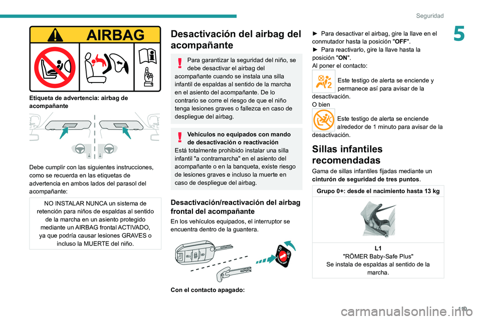 PEUGEOT EXPERT 2021 Manual del propietario (in Spanish) 11 9
Seguridad
5
Etiqueta de advertencia: airbag de
acompañante
Debe cumplir con las siguientes instrucciones,
como se recuerda en las etiquetas de
advertencia en ambos lados del parasol del PEUGEOT EXPERT 2021 Manual del propietario (in Spanish) 11 9
Seguridad
5
Etiqueta de advertencia: airbag de
acompañante
Debe cumplir con las siguientes instrucciones,
como se recuerda en las etiquetas de
advertencia en ambos lados del parasol del
