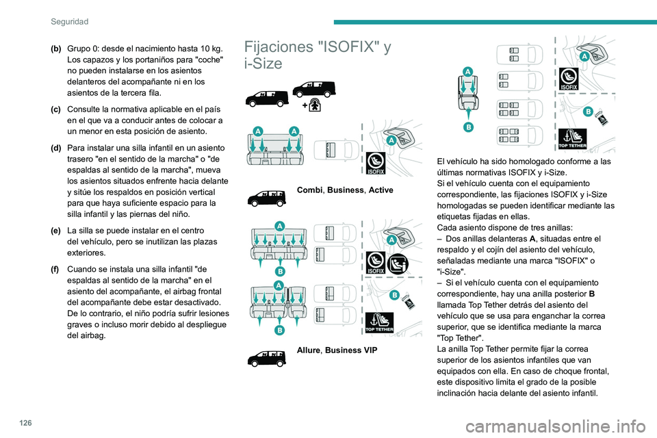 PEUGEOT EXPERT 2021 Manual del propietario (in Spanish) 126
Seguridad
(b)Grupo 0: desde el nacimiento hasta 10 kg.
Los capazos y los portaniños para "coche"
no pueden instalarse en los asientos
delanteros del acompañante ni en los
asientos de PEUGEOT EXPERT 2021 Manual del propietario (in Spanish) 126
Seguridad
(b)Grupo 0: desde el nacimiento hasta 10 kg.
Los capazos y los portaniños para "coche"
no pueden instalarse en los asientos
delanteros del acompañante ni en los
asientos de