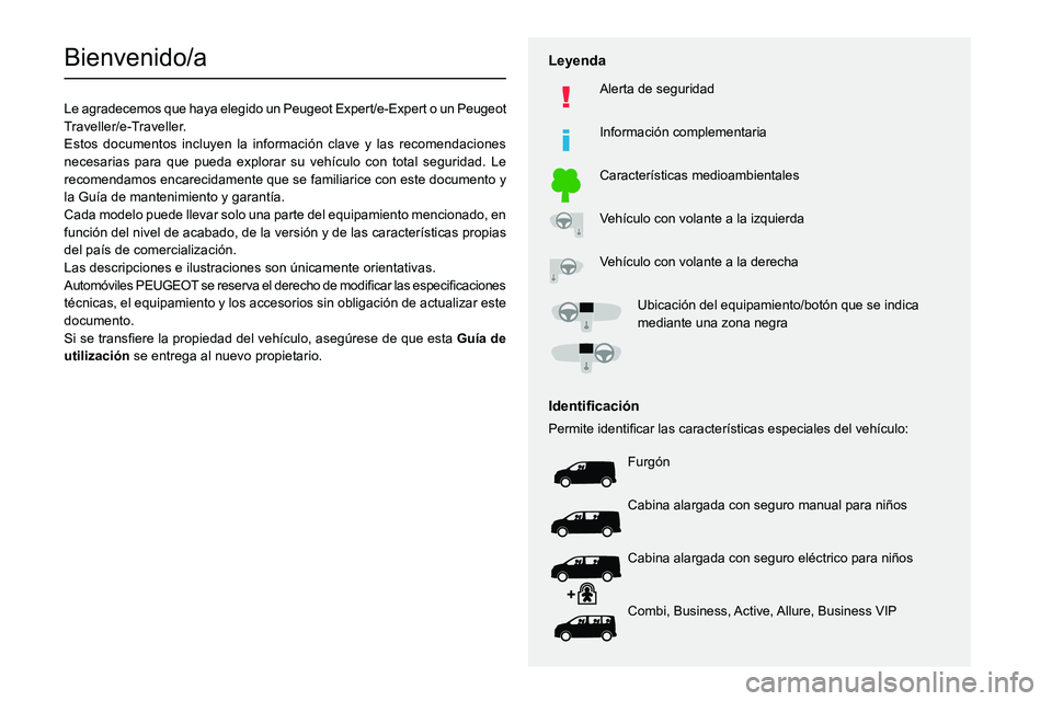 PEUGEOT EXPERT 2021 Manual del propietario (in Spanish)
Bienvenido/a
Le agradecemos que haya elegido un Peugeot Expert/e-Expert o un Peugeot
Traveller/e-Traveller.
Estos documentos incluyen la informaci PEUGEOT EXPERT 2021 Manual del propietario (in Spanish)
Bienvenido/a
Le agradecemos que haya elegido un Peugeot Expert/e-Expert o un Peugeot
Traveller/e-Traveller.
Estos documentos incluyen la informaci