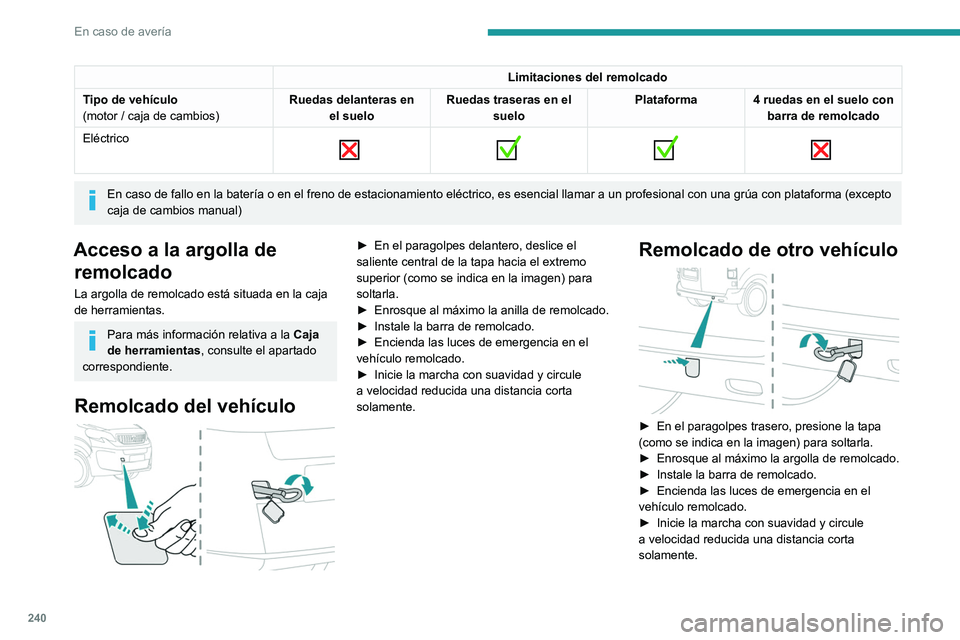PEUGEOT EXPERT 2021 Manual del propietario (in Spanish) 240
En caso de avería
Limitaciones del remolcado
Tipo de vehículo
(motor / caja de cambios) Ruedas delanteras en
el suelo Ruedas traseras en el
suelo Plataforma 4 ruedas en el suelo con
barra de PEUGEOT EXPERT 2021 Manual del propietario (in Spanish) 240
En caso de avería
Limitaciones del remolcado
Tipo de vehículo
(motor / caja de cambios) Ruedas delanteras en
el suelo Ruedas traseras en el
suelo Plataforma 4 ruedas en el suelo con
barra de