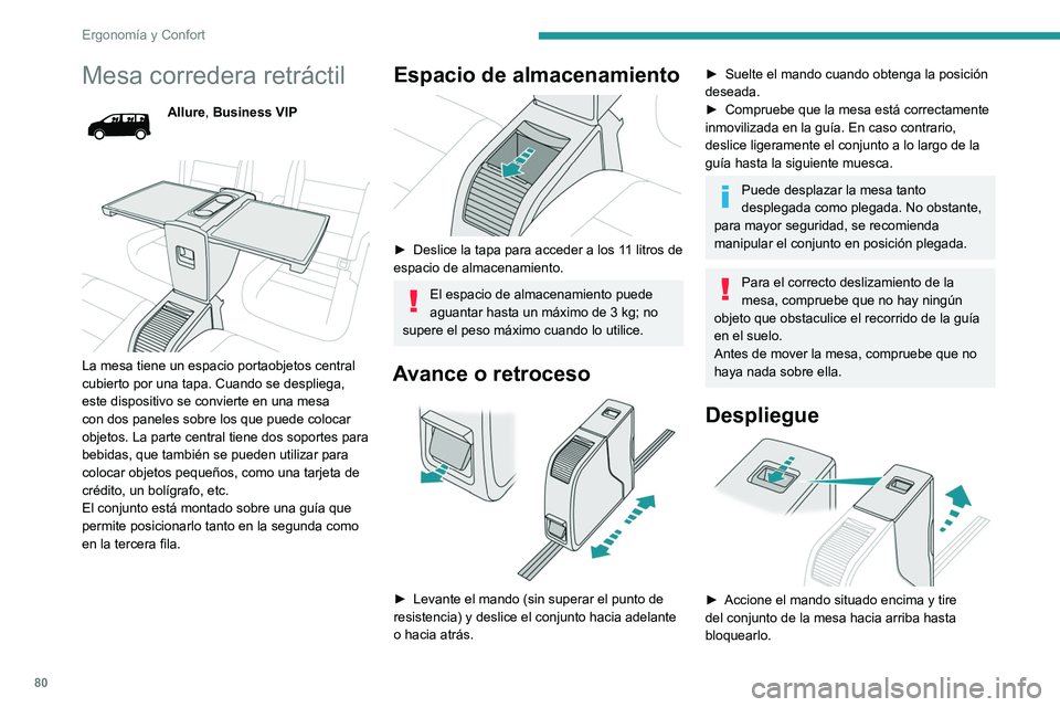 PEUGEOT EXPERT 2021 Manual del propietario (in Spanish) 80
Ergonomía y Confort
Mesa corredera retráctil
Allure, Business VIP
La mesa tiene un espacio portaobjetos central
cubierto por una tapa. Cuando se despliega,
este dispositivo se convierte en PEUGEOT EXPERT 2021 Manual del propietario (in Spanish) 80
Ergonomía y Confort
Mesa corredera retráctil
Allure, Business VIP
La mesa tiene un espacio portaobjetos central
cubierto por una tapa. Cuando se despliega,
este dispositivo se convierte en