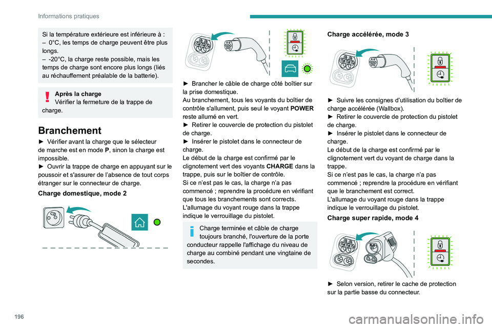 PEUGEOT EXPERT 2021 Manuel du propriétaire (in French) 196
Informations pratiques
Si la température extérieure est inférieure à :
– 0°C, les temps de charge peuvent être plus
longs.
–
-20°C, la charge reste possible, mais les
temps de char PEUGEOT EXPERT 2021 Manuel du propriétaire (in French) 196
Informations pratiques
Si la température extérieure est inférieure à :
– 0°C, les temps de charge peuvent être plus
longs.
–
-20°C, la charge reste possible, mais les
temps de char