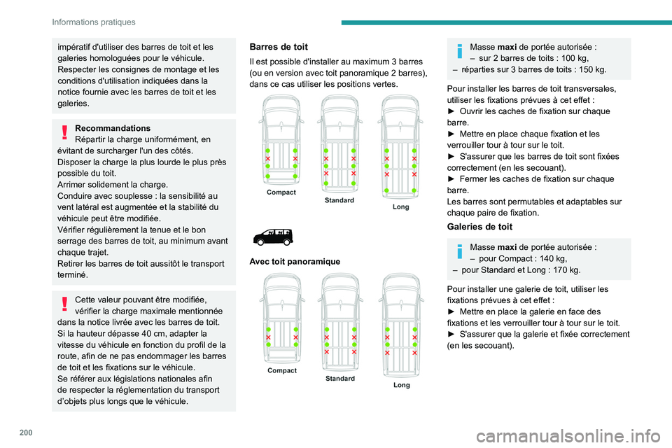 PEUGEOT EXPERT 2021 Manuel du propriétaire (in French) 200
Informations pratiques
impératif d'utiliser des barres de toit et les
galeries homologuées pour le véhicule.
Respecter les consignes de montage et les
conditions d'utilisation indiqu PEUGEOT EXPERT 2021 Manuel du propriétaire (in French) 200
Informations pratiques
impératif d'utiliser des barres de toit et les
galeries homologuées pour le véhicule.
Respecter les consignes de montage et les
conditions d'utilisation indiqu