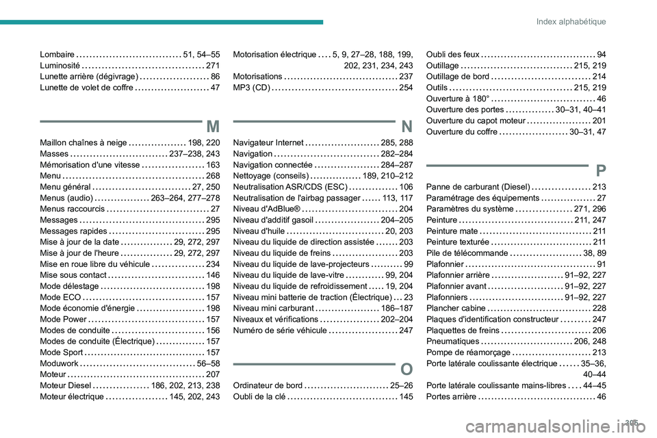 PEUGEOT EXPERT 2021 Manuel du propriétaire (in French) 305
Index alphabétique
Lombaire 51, 54–55
Luminosité
271
Lunette arrière (dégivrage)
86
Lunette de volet de coffre
47
M
Maillon chaînes à neige 198, 220
Masses
237 PEUGEOT EXPERT 2021 Manuel du propriétaire (in French) 305
Index alphabétique
Lombaire 51, 54–55
Luminosité
271
Lunette arrière (dégivrage)
86
Lunette de volet de coffre
47
M
Maillon chaînes à neige 198, 220
Masses
237