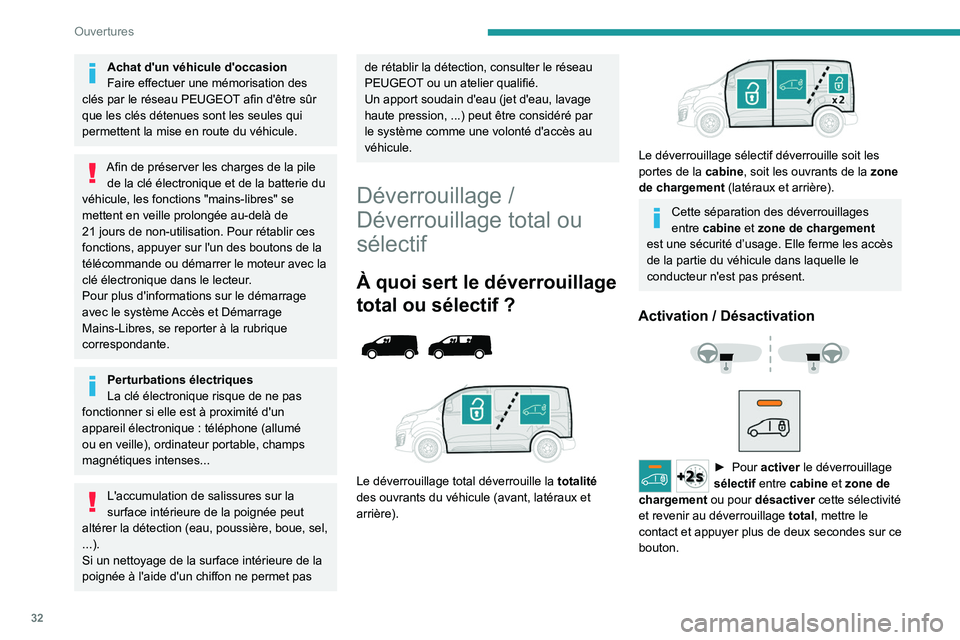 PEUGEOT EXPERT 2021 Manuel du propriétaire (in French) 32
Ouvertures
Achat d'un véhicule d'occasion
Faire effectuer une mémorisation des
clés par le réseau PEUGEOT afin d'être sûr
que les clés détenues sont les seules qui
permettent PEUGEOT EXPERT 2021 Manuel du propriétaire (in French) 32
Ouvertures
Achat d'un véhicule d'occasion
Faire effectuer une mémorisation des
clés par le réseau PEUGEOT afin d'être sûr
que les clés détenues sont les seules qui
permettent