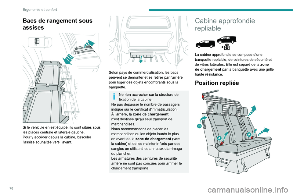 PEUGEOT EXPERT 2021 Manuel du propriétaire (in French) 70
Ergonomie et confort
Bacs de rangement sous
assises
Si le véhicule en est équipé, ils sont situés sous
les places centrale et latérale gauche.
Pour y accéder depuis la cabine, basculer PEUGEOT EXPERT 2021 Manuel du propriétaire (in French) 70
Ergonomie et confort
Bacs de rangement sous
assises
Si le véhicule en est équipé, ils sont situés sous
les places centrale et latérale gauche.
Pour y accéder depuis la cabine, basculer