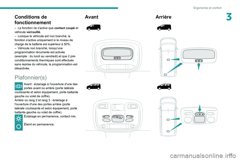 PEUGEOT EXPERT 2021  Manuel du propriétaire (in French) 91
Ergonomie et confort
3Conditions de 
fonctionnement
– La fonction ne s'active que contact coupé  et 
véhicule  verrouillé.
–
 
Lorsque le véhicule est non branché, la 
fonction s'a