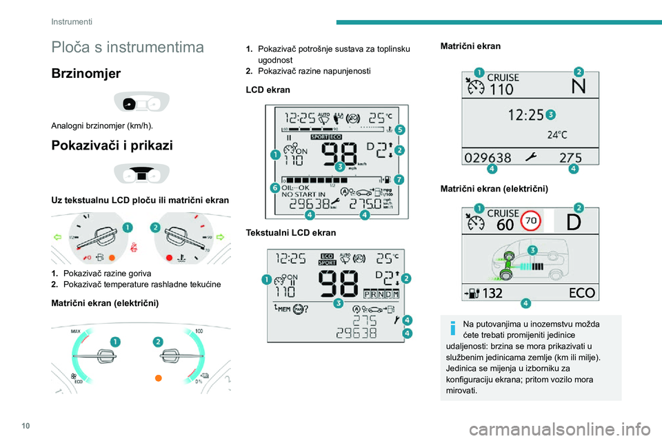 PEUGEOT EXPERT 2021  Upute Za Rukovanje (in Croatian) 10
Instrumenti
Ploča s instrumentima
Brzinomjer 
 
Analogni brzinomjer (km/h).
Pokazivači i prikazi 
 
Uz tekstualnu LCD ploču ili matrični ekran 
 
1.Pokazivač razine goriva
2. Pokazivač temper