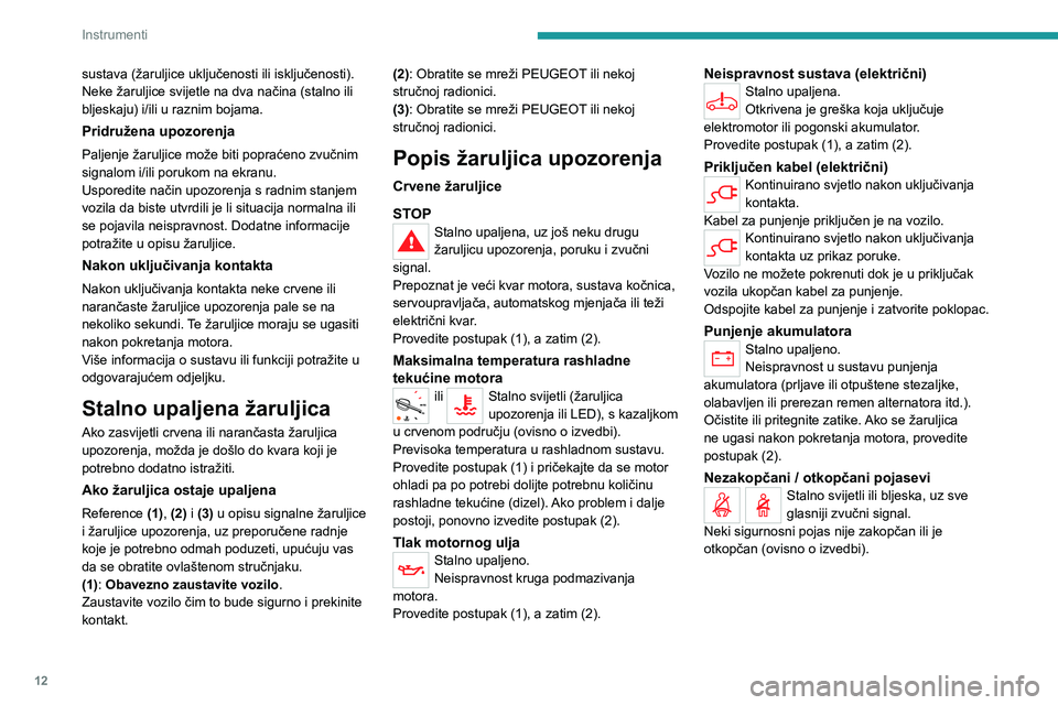 PEUGEOT EXPERT 2021  Upute Za Rukovanje (in Croatian) 12
Instrumenti
sustava (žaruljice uključenosti ili isključenosti). 
Neke žaruljice svijetle na dva načina (stalno ili 
bljeskaju) i/ili u raznim bojama.
Pridružena upozorenja
Paljenje žaruljice