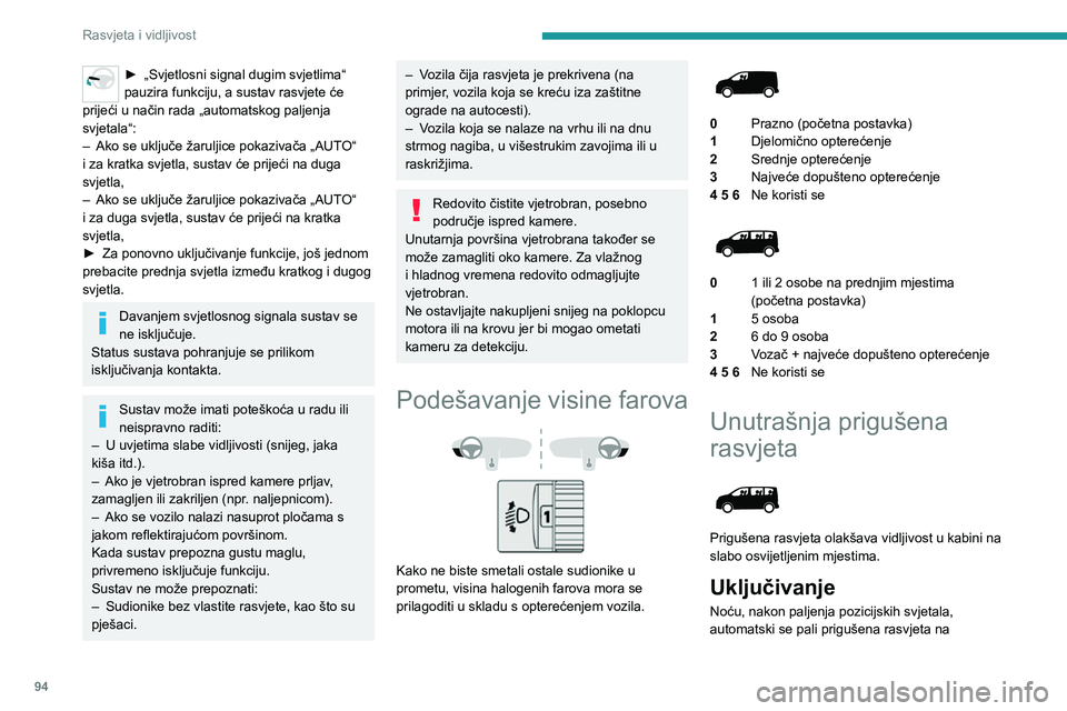 PEUGEOT EXPERT 2021  Upute Za Rukovanje (in Croatian) 94
Rasvjeta i vidljivost
► „Svjetlosni signal dugim svjetlima“ pauzira funkciju, a sustav rasvjete će 
prijeći u način rada „automatskog paljenja 
svjetala“:
– Ako se uključe žaruljic