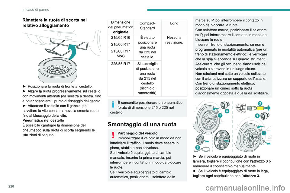 PEUGEOT EXPERT 2021 Manuale duso (in Italian) 220
In caso di panne
Rimettere la ruota di scorta nel
relativo alloggiamento
► Posizionare la ruota di fronte al cestello.
► Alzare la ruota progressivamente sul cestello
con movimenti alte PEUGEOT EXPERT 2021 Manuale duso (in Italian) 220
In caso di panne
Rimettere la ruota di scorta nel
relativo alloggiamento
► Posizionare la ruota di fronte al cestello.
► Alzare la ruota progressivamente sul cestello
con movimenti alte