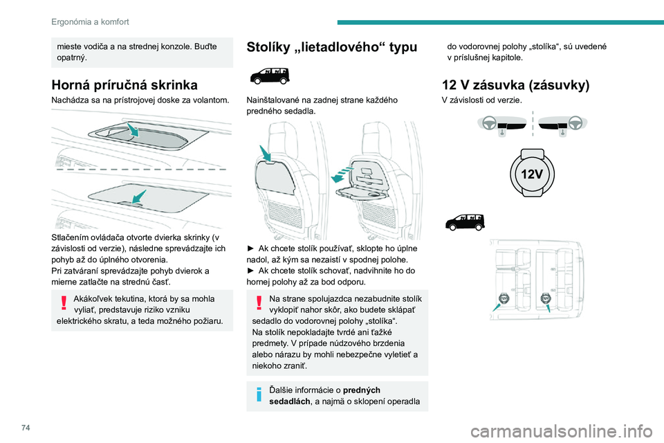 PEUGEOT EXPERT 2021 Návod na použitie (in Slovakian) 74
Ergonómia a komfort
mieste vodiča a na strednej konzole. Buďte
opatrný.
Horná príručná skrinka
Nachádza sa na prístrojovej doske za volantom.
Stlačením ovládača otvorte dvierka sk PEUGEOT EXPERT 2021 Návod na použitie (in Slovakian) 74
Ergonómia a komfort
mieste vodiča a na strednej konzole. Buďte
opatrný.
Horná príručná skrinka
Nachádza sa na prístrojovej doske za volantom.
Stlačením ovládača otvorte dvierka sk