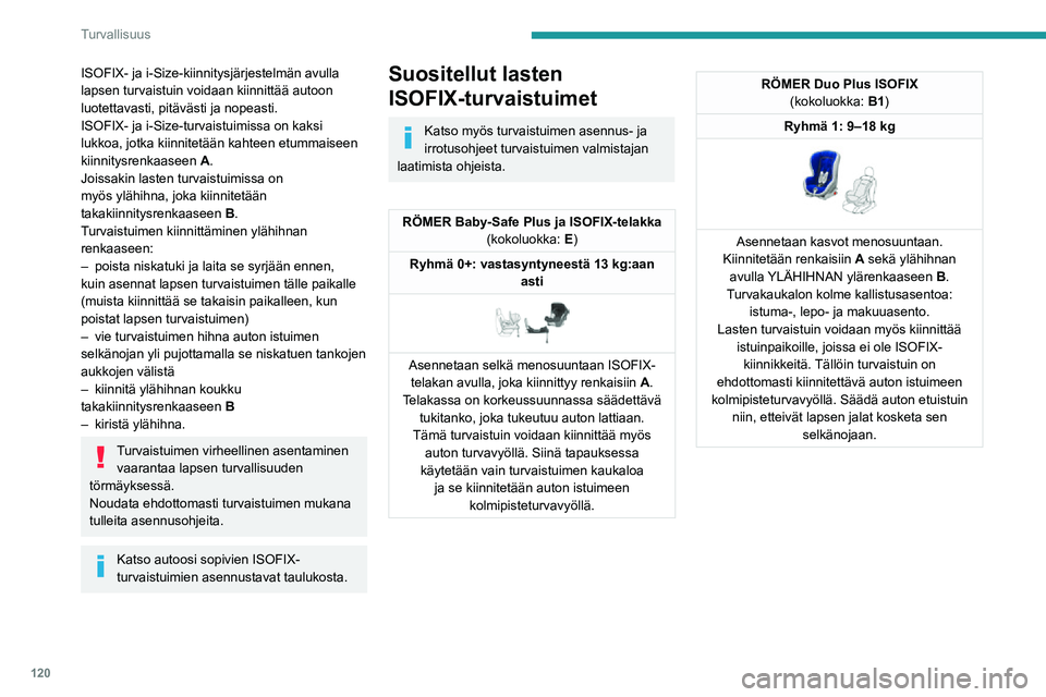 PEUGEOT EXPERT 2021 Omistajan Käsikirja (in Finnish) 120
Turvallisuus
Lasten ISOFIX-turvaistuinten kiinnityspaikat
Tässä taulukossa ovat ISOFIX-turvaistuimien sijoituspaikat EU-lain\
säädännön mukaan. Sijoituspaikoilla on ISOFIX-kiinnitysjä\
rjes PEUGEOT EXPERT 2021 Omistajan Käsikirja (in Finnish) 120
Turvallisuus
Lasten ISOFIX-turvaistuinten kiinnityspaikat
Tässä taulukossa ovat ISOFIX-turvaistuimien sijoituspaikat EU-lain\
säädännön mukaan. Sijoituspaikoilla on ISOFIX-kiinnitysjä\
rjes
