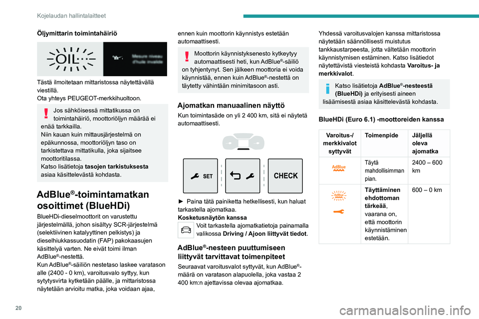 PEUGEOT EXPERT 2021 Omistajan Käsikirja (in Finnish) 20
Kojelaudan hallintalaitteet
Varoitus-/merkkivalot syttyvät Toimenpide
Jäljellä
oleva
ajomatka
Jotta moottori
voidaan
käynnistää
uudelleen,
AdBlue
®-
nestettä on
lisättävä
vä PEUGEOT EXPERT 2021 Omistajan Käsikirja (in Finnish) 20
Kojelaudan hallintalaitteet
Varoitus-/merkkivalot syttyvät Toimenpide
Jäljellä
oleva
ajomatka
Jotta moottori
voidaan
käynnistää
uudelleen,
AdBlue
®-
nestettä on
lisättävä
vä