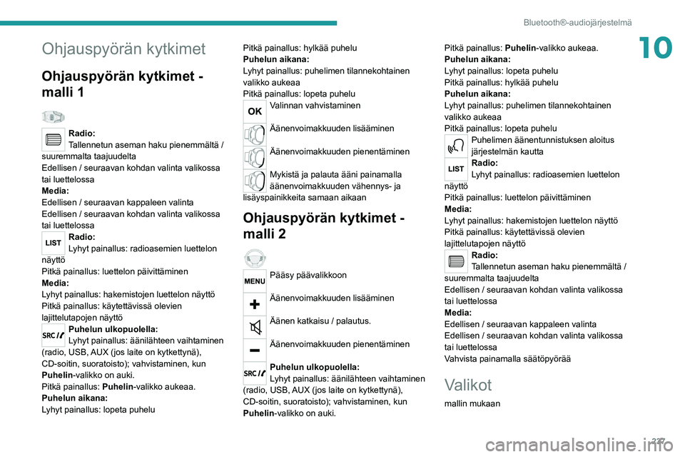 PEUGEOT EXPERT 2021 Omistajan Käsikirja (in Finnish) 237
Bluetooth®-audiojärjestelmä
10Ohjauspyörän kytkimet
Ohjauspyörän kytkimet -
malli 1
Radio:
Tallennetun aseman haku pienemmältä /
suuremmalta taajuudelta
Edellisen / seuraavan kohdan PEUGEOT EXPERT 2021 Omistajan Käsikirja (in Finnish) 237
Bluetooth®-audiojärjestelmä
10Ohjauspyörän kytkimet
Ohjauspyörän kytkimet -
malli 1
Radio:
Tallennetun aseman haku pienemmältä /
suuremmalta taajuudelta
Edellisen / seuraavan kohdan