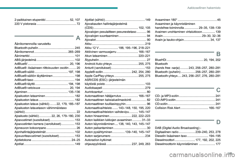 PEUGEOT EXPERT 2021 Omistajan Käsikirja (in Finnish) 289
Aakkosellinen hakemisto
2-paikkainen etupenkki 52, 107220 V pistorasia 72
A
Äänikomennoilla varustettu Bluetooth-puhelin 245Äänikomennot 265–269
Äänimerkki 101ABS-järjest PEUGEOT EXPERT 2021 Omistajan Käsikirja (in Finnish) 289
Aakkosellinen hakemisto
2-paikkainen etupenkki 52, 107220 V pistorasia 72
A
Äänikomennoilla varustettu Bluetooth-puhelin 245Äänikomennot 265–269
Äänimerkki 101ABS-järjest