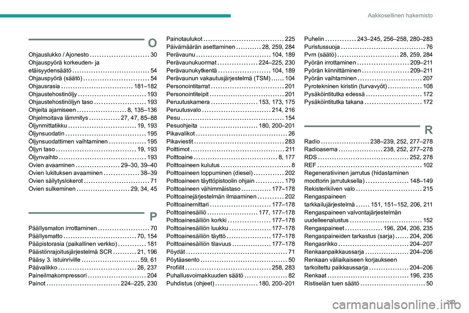 PEUGEOT EXPERT 2021 Omistajan Käsikirja (in Finnish) 293
Aakkosellinen hakemisto
O
Ohjauslukko / Ajonesto 30Ohjauspyörä korkeuden- ja etäisyydensäätö 54Ohjauspyörä (säätö) 54Ohjausrasia 181–182Ohjaustehostinöljy 193Ohjaustehost PEUGEOT EXPERT 2021 Omistajan Käsikirja (in Finnish) 293
Aakkosellinen hakemisto
O
Ohjauslukko / Ajonesto 30Ohjauspyörä korkeuden- ja etäisyydensäätö 54Ohjauspyörä (säätö) 54Ohjausrasia 181–182Ohjaustehostinöljy 193Ohjaustehost