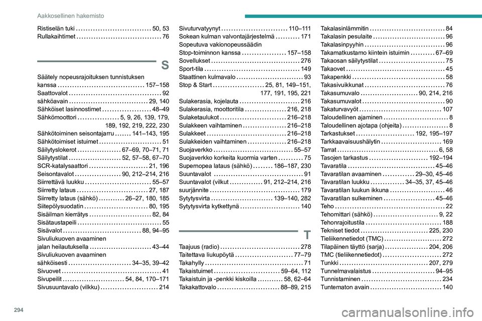 PEUGEOT EXPERT 2021 Omistajan Käsikirja (in Finnish) 294
Aakkosellinen hakemisto
Ristiselän tuki 50, 53Rullakaihtimet 76
S
Säätely nopeusrajoituksen tunnistuksen kanssa 157–158Saattovalot 92sähköavain 29, 140Sähköiset lasinnostim PEUGEOT EXPERT 2021 Omistajan Käsikirja (in Finnish) 294
Aakkosellinen hakemisto
Ristiselän tuki 50, 53Rullakaihtimet 76
S
Säätely nopeusrajoituksen tunnistuksen kanssa 157–158Saattovalot 92sähköavain 29, 140Sähköiset lasinnostim