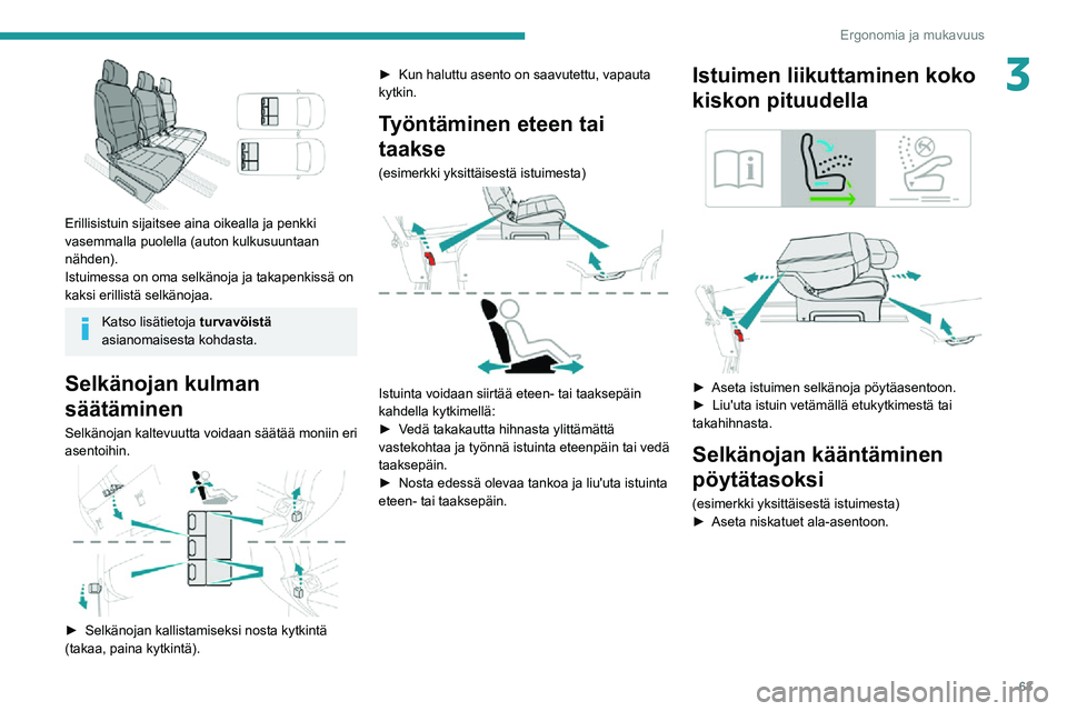PEUGEOT EXPERT 2021  Omistajan Käsikirja (in Finnish) 63
Ergonomia ja mukavuus
3
 
Erillisistuin sijaitsee aina oikealla ja penkki 
vasemmalla puolella (auton kulkusuuntaan 
nähden).
Istuimessa on oma selkänoja ja takapenkissä on 
kaksi erillistä sel