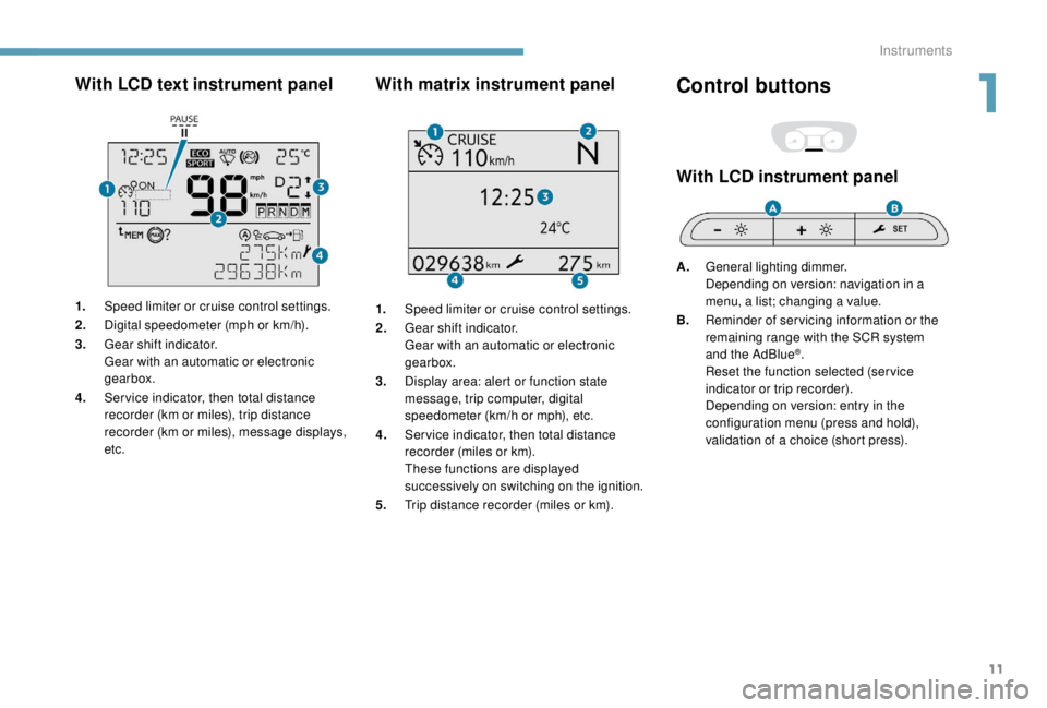 PEUGEOT EXPERT 2018 Owners Manual 11
With LCD text instrument panel
1.Speed limiter or cruise control settings.
2. Digital speedometer (mph or km/h).
3. Gear shift indicator.
Gear with an automatic or electronic
gearbox.
4. Ser vice PEUGEOT EXPERT 2018 Owners Manual 11
With LCD text instrument panel
1.Speed limiter or cruise control settings.
2. Digital speedometer (mph or km/h).
3. Gear shift indicator.
Gear with an automatic or electronic
gearbox.
4. Ser vice