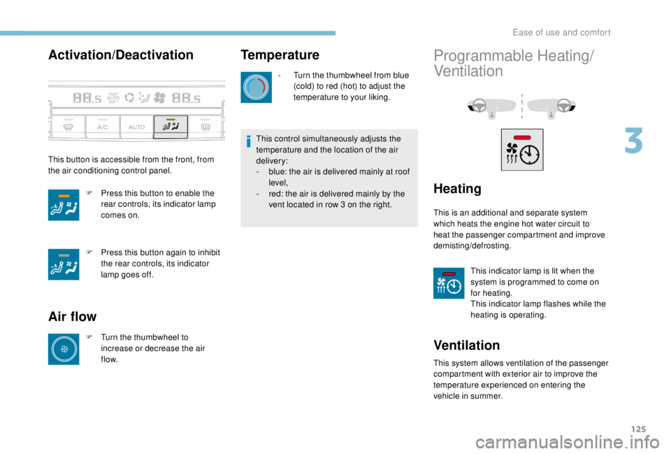 PEUGEOT EXPERT 2018 Owners Manual 125
Activation/Deactivation
This button is accessible from the front, from
the air conditioning control panel.F
P
ress this button to enable the
rear controls, its indicator lamp
comes on.
F
P PEUGEOT EXPERT 2018 Owners Manual 125
Activation/Deactivation
This button is accessible from the front, from
the air conditioning control panel.F
P
ress this button to enable the
rear controls, its indicator lamp
comes on.
F
P