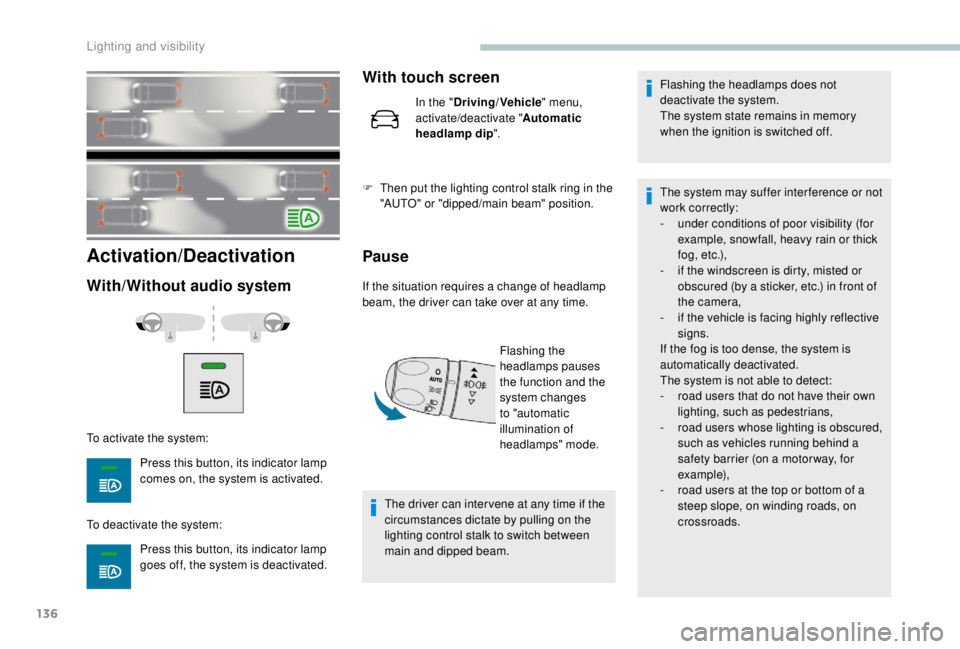 PEUGEOT EXPERT 2018 Owners Manual 136
Activation/Deactivation
With/Without audio system
To activate the system:Press this button, its indicator lamp
comes on, the system is activated.
To deactivate the system: Press this button, its PEUGEOT EXPERT 2018 Owners Manual 136
Activation/Deactivation
With/Without audio system
To activate the system:Press this button, its indicator lamp
comes on, the system is activated.
To deactivate the system: Press this button, its