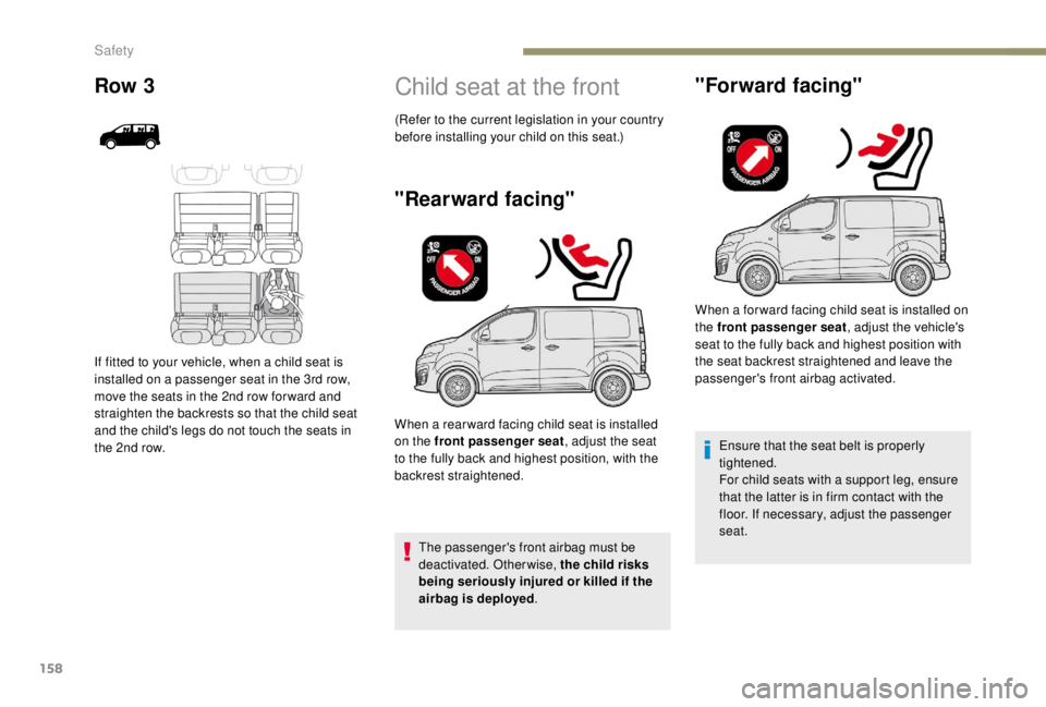 PEUGEOT EXPERT 2018 Owners Manual 158
Child seat at the front
"Rearward facing"
The passenger's front airbag must be
deactivated. Otherwise, the child risks
being seriously injured or killed if the
airbag is deployed.
W PEUGEOT EXPERT 2018 Owners Manual 158
Child seat at the front
"Rearward facing"
The passenger's front airbag must be
deactivated. Otherwise, the child risks
being seriously injured or killed if the
airbag is deployed.
W