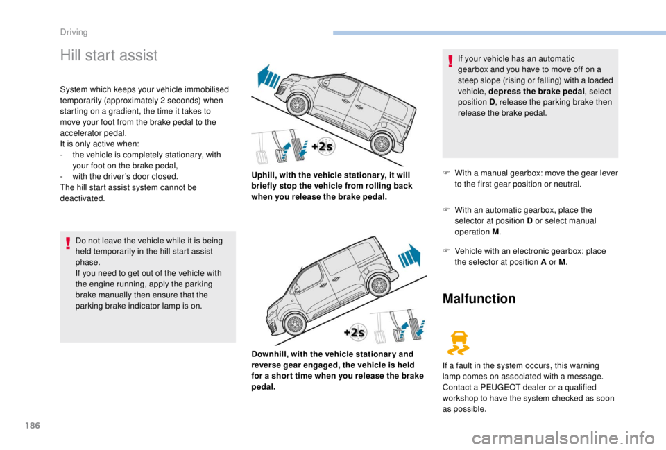 PEUGEOT EXPERT 2018 Owners Manual 186
Hill start assist
System which keeps your vehicle immobilised
temporarily (approximately 2 seconds) when
starting on a gradient, the time it takes to
move your foot from the brake pedal to the PEUGEOT EXPERT 2018 Owners Manual 186
Hill start assist
System which keeps your vehicle immobilised
temporarily (approximately 2 seconds) when
starting on a gradient, the time it takes to
move your foot from the brake pedal to the