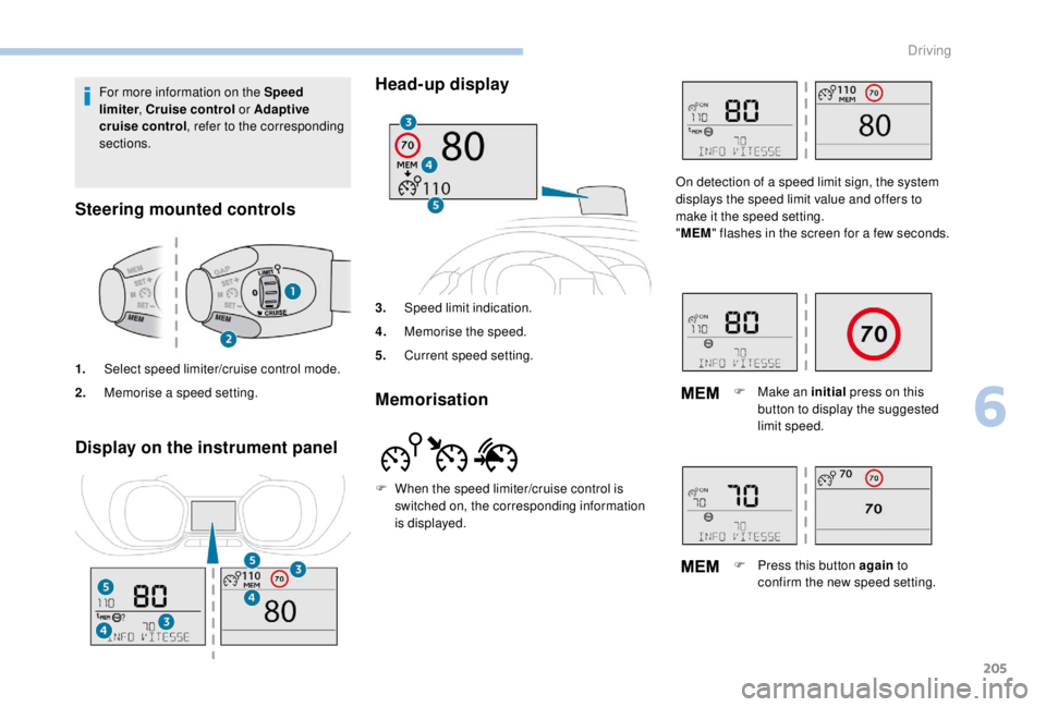 PEUGEOT EXPERT 2018  Owners Manual 205
Display on the instrument panelHead-up display
3.
Speed limit indication.
4. Memorise the speed.
5. Current speed setting.
Memorisation
For more information on the Speed 
limiter , Cruise control 