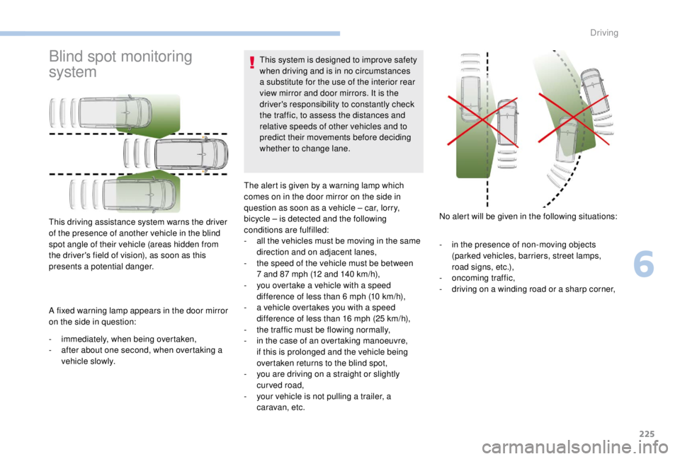 PEUGEOT EXPERT 2018 Owners Manual 225
Blind spot monitoring
system
A fixed warning lamp appears in the door mirror
on the side in question:
-
i
mmediately, when being overtaken,
-
a
fter about one second, when overtaking a
vehi PEUGEOT EXPERT 2018 Owners Manual 225
Blind spot monitoring
system
A fixed warning lamp appears in the door mirror
on the side in question:
-
i
mmediately, when being overtaken,
-
a
fter about one second, when overtaking a
vehi