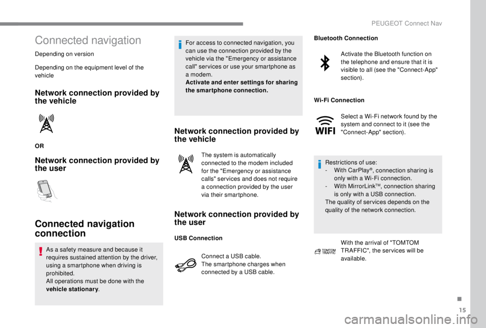 PEUGEOT EXPERT 2018 Owners Manual 15
Connected navigation
Depending on version
Depending on the equipment level of the
vehicle
Network connection provided by
the vehicle
OR
Network connection provided by
the user
Connected navigati PEUGEOT EXPERT 2018 Owners Manual 15
Connected navigation
Depending on version
Depending on the equipment level of the
vehicle
Network connection provided by
the vehicle
OR
Network connection provided by
the user
Connected navigati