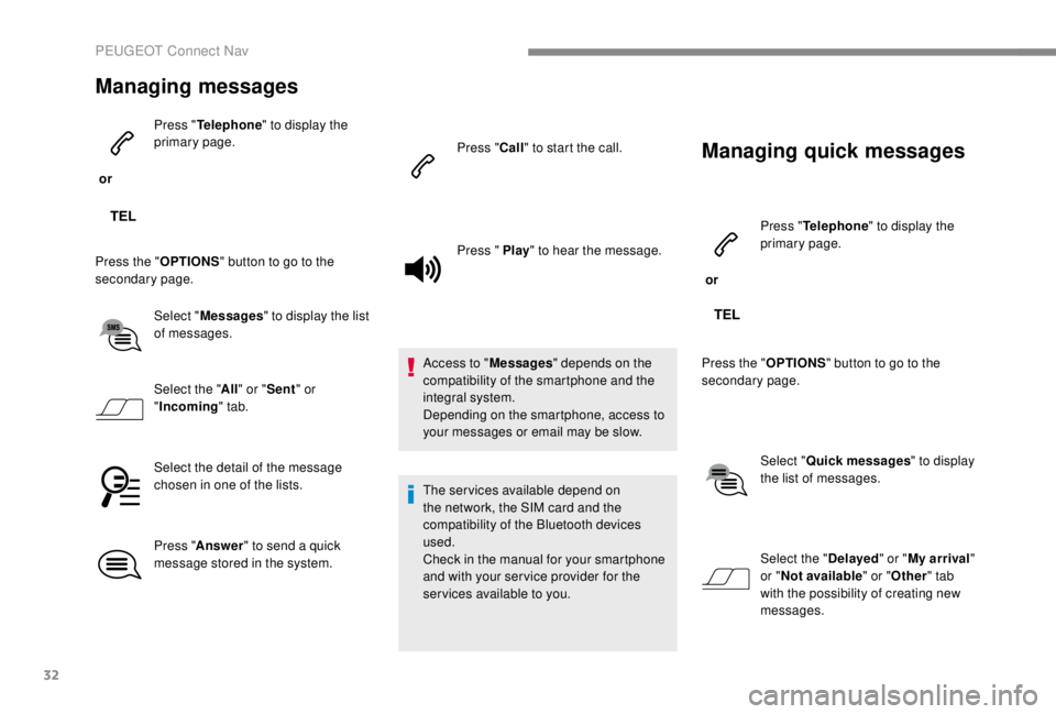 PEUGEOT EXPERT 2018 Owners Manual 32
Managing messages
or Press "
Telephone " to display the
primary page.
Press the " OPTIONS" button to go to the
secondary page.
Select "Messages " to display the list
of PEUGEOT EXPERT 2018 Owners Manual 32
Managing messages
or Press "
Telephone " to display the
primary page.
Press the " OPTIONS" button to go to the
secondary page.
Select "Messages " to display the list
of