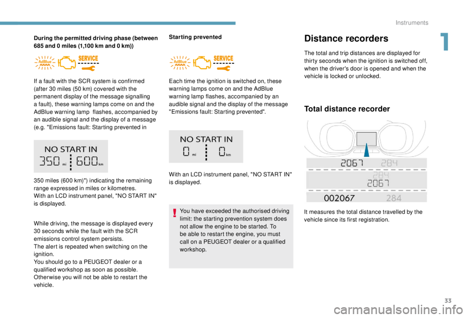 PEUGEOT EXPERT 2018 Owners Manual 33
During the permitted driving phase (between
685 and 0 miles (1,100 km and 0 km))
If a fault with the SCR system is confirmed
(after 30
miles (50 km) covered with the
permanent display PEUGEOT EXPERT 2018 Owners Manual 33
During the permitted driving phase (between
685 and 0 miles (1,100 km and 0 km))
If a fault with the SCR system is confirmed
(after 30
miles (50 km) covered with the
permanent display