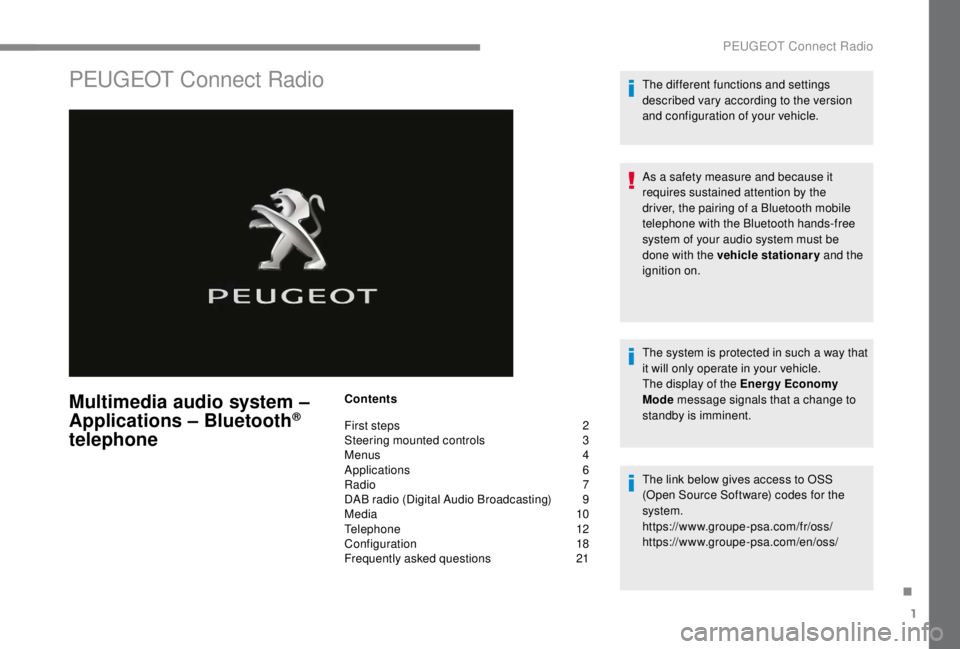 PEUGEOT EXPERT 2018 Owners Manual 1
PEUGEOT Connect Radio
Multimedia audio system –
Applications – Bluetooth®
telephone
Contents
First steps
2
S
teering mounted controls
3
M
enus
4
A
pplications
6
R
adio
7
D
PEUGEOT EXPERT 2018 Owners Manual 1
PEUGEOT Connect Radio
Multimedia audio system –
Applications – Bluetooth®
telephone
Contents
First steps
2
S
teering mounted controls
3
M
enus
4
A
pplications
6
R
adio
7
D
