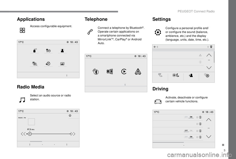 PEUGEOT EXPERT 2018  Owners Manual 5
Applications
Access configurable equipment.
Radio Media
Select an audio source or radio 
station.
Telephone
Connect a telephone by Bluetooth®.
Operate certain applications on 
a smartphone connecte