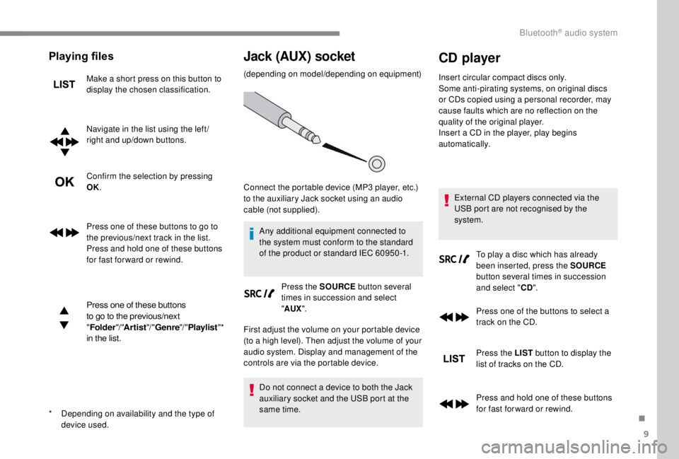 PEUGEOT EXPERT 2018 Owners Manual 9
Playing files
Make a short press on this button to
display the chosen classification.
Navigate in the list using the left /
right and up/down buttons.
Confirm the selection by pressing
OK.
Press o PEUGEOT EXPERT 2018 Owners Manual 9
Playing files
Make a short press on this button to
display the chosen classification.
Navigate in the list using the left /
right and up/down buttons.
Confirm the selection by pressing
OK.
Press o