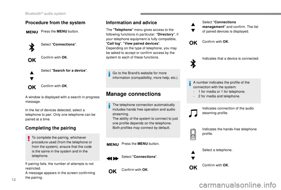 PEUGEOT EXPERT 2018 Owners Manual 12
Procedure from the system
Press the MENU button.
Select " Connections ".
Confirm with OK.
Select " Search for a device ".
Confirm with OK.
A window is displayed with a search in pro PEUGEOT EXPERT 2018 Owners Manual 12
Procedure from the system
Press the MENU button.
Select " Connections ".
Confirm with OK.
Select " Search for a device ".
Confirm with OK.
A window is displayed with a search in pro